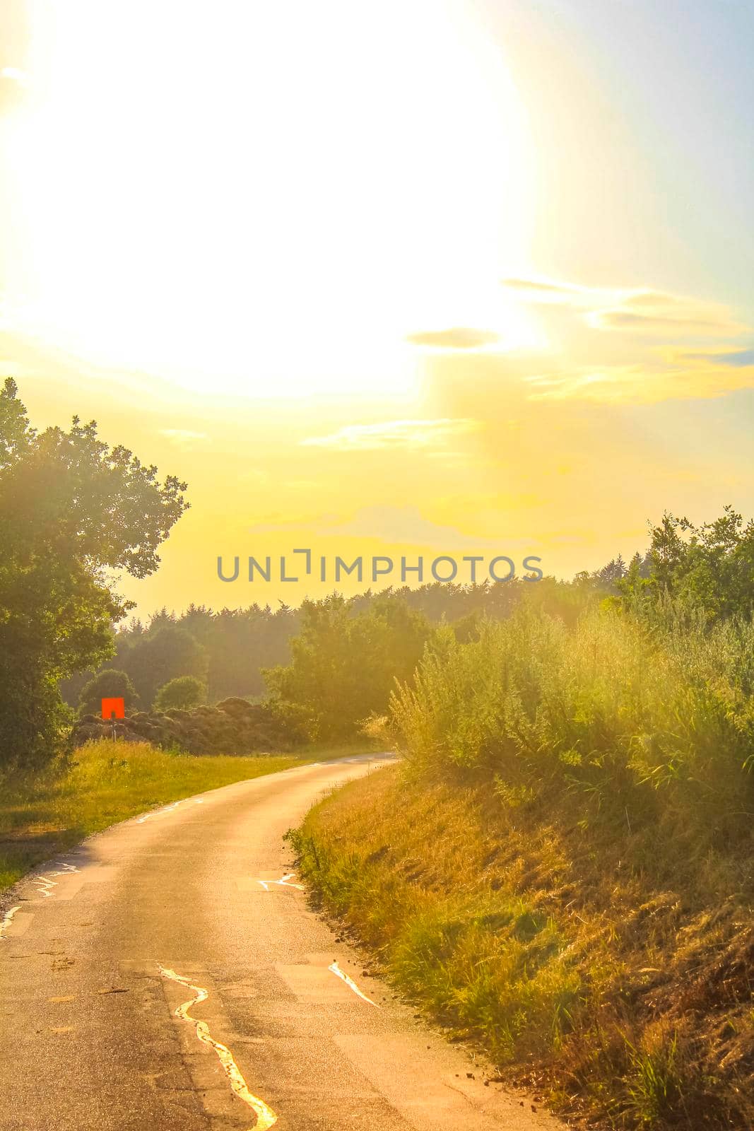 Sunset sunshine or sunrise above north German agricultural field forest and nature landscape panorama in Hemmoor Hechthausen Cuxhaven Lower Saxony Germany.