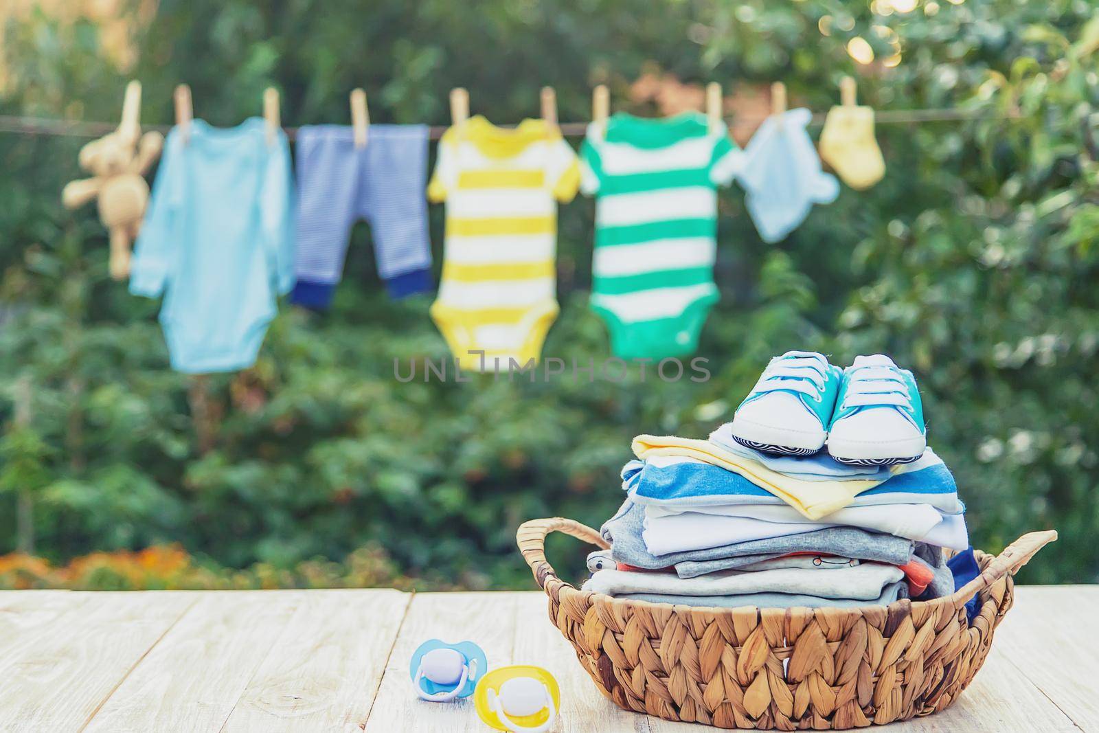 washing baby clothes. Linen dries in the fresh air. Selective focus. nature.