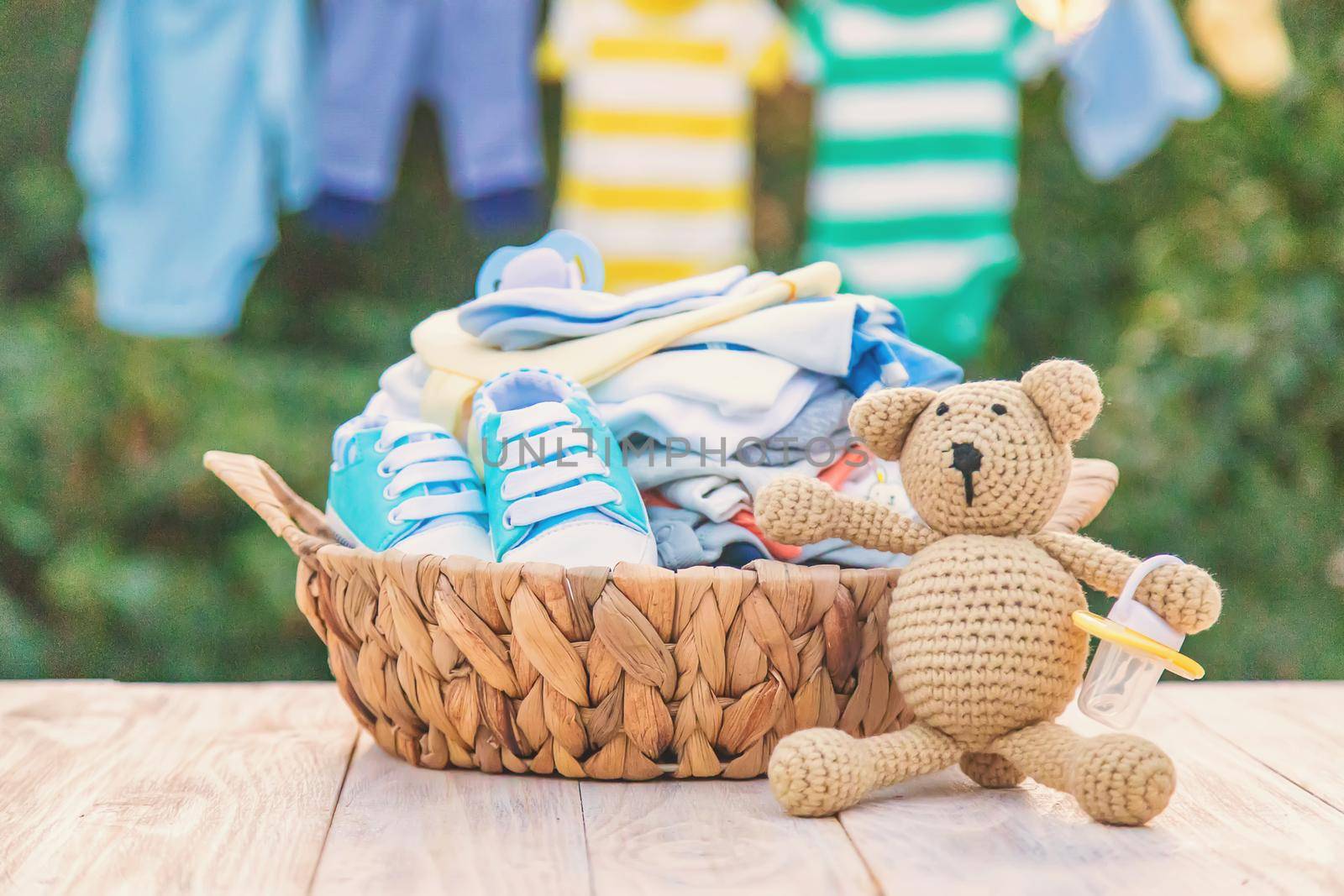 washing baby clothes. Linen dries in the fresh air. Selective focus. nature.