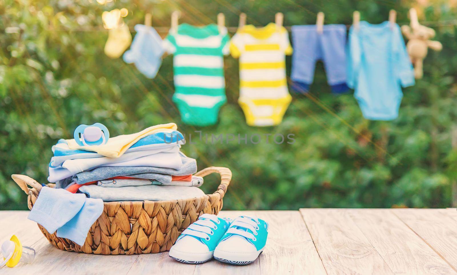 washing baby clothes. Linen dries in the fresh air. Selective focus. nature.
