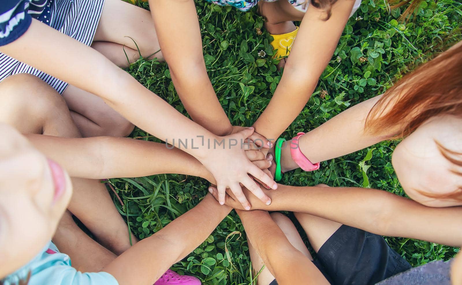 children's hands together on a background of grass. Selective focus. nature.