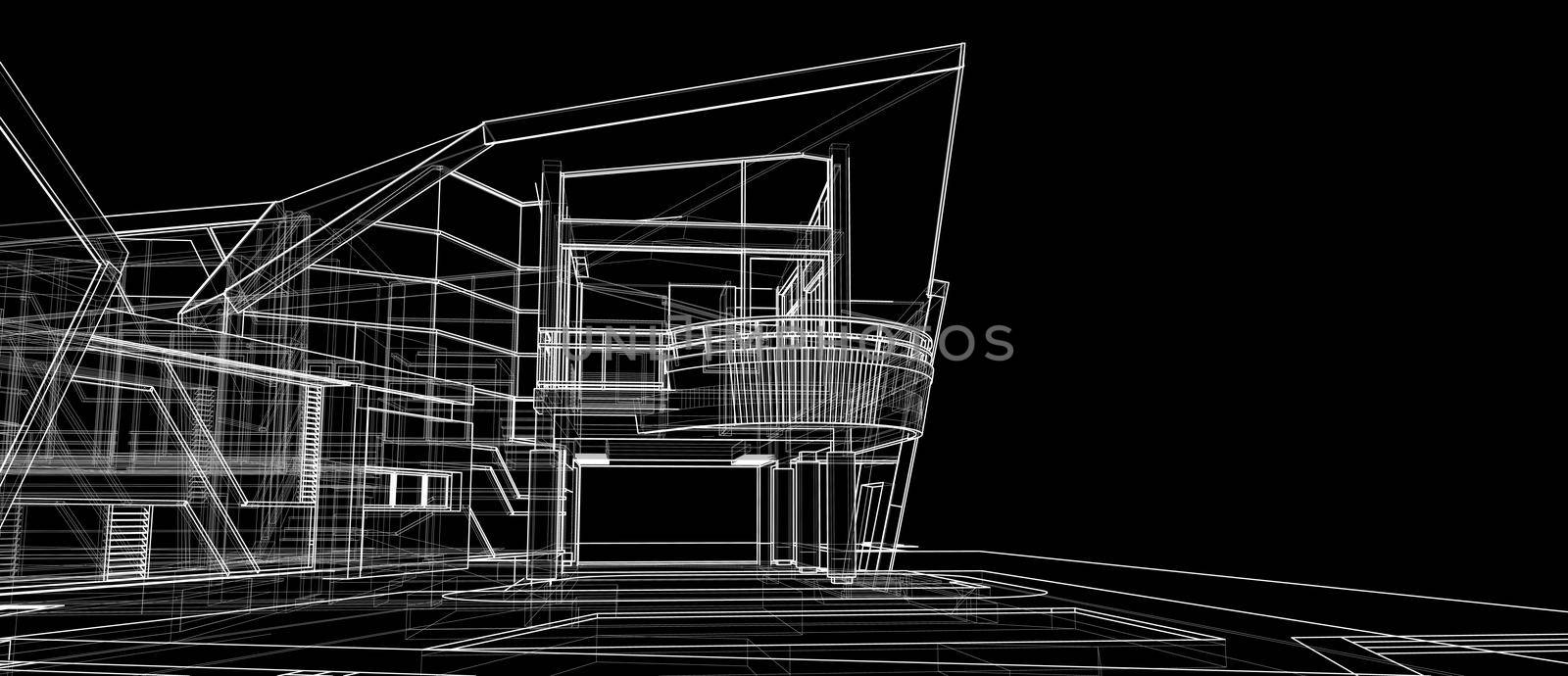 Architecture exterior facade design concept 3d perspective white wireframe rendering black background. For abstract background or wallpaper destops architecture theme interior space