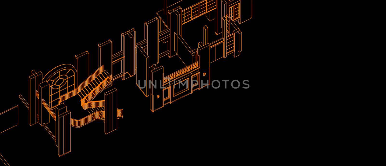 Architecture space design concept 3d perspective white wireframe rendering black background