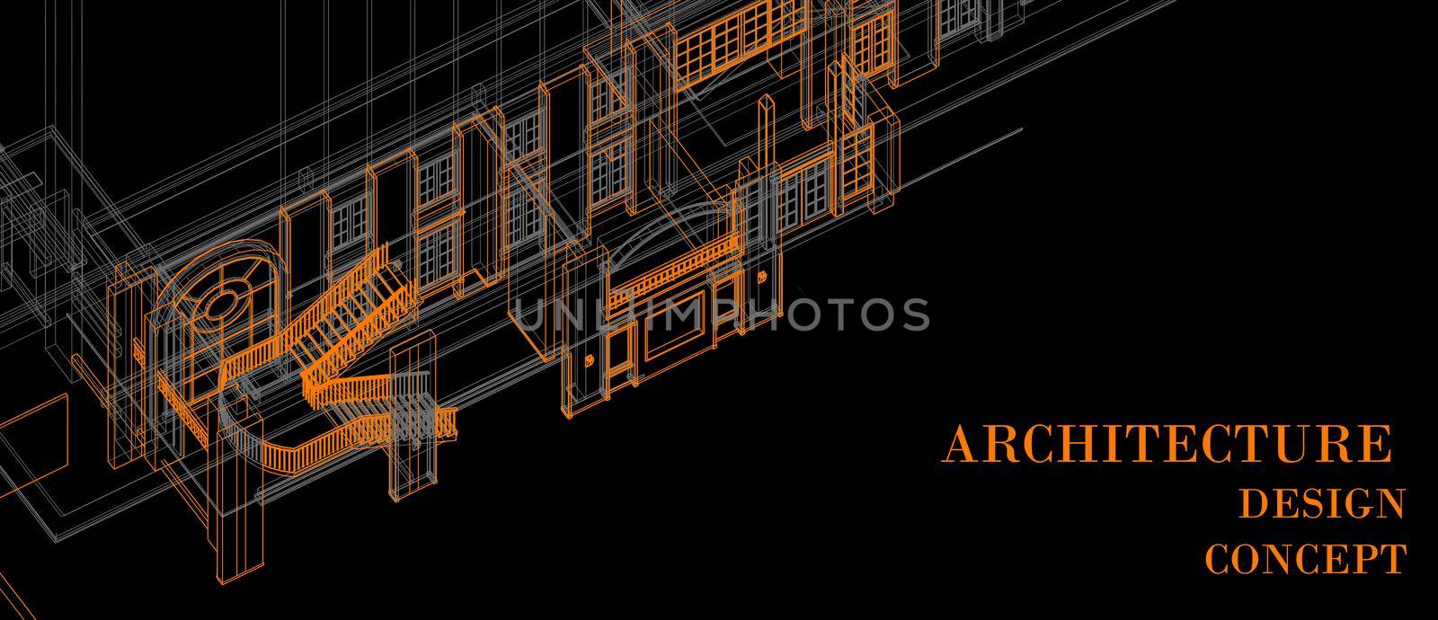 Architecture space design concept 3d perspective white wireframe rendering black background