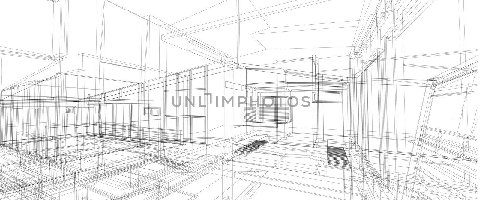 Architecture interior space design concept 3d perspective wire frame rendering isolated white background. For abstract background or wallpaper destops architecture theme interior space