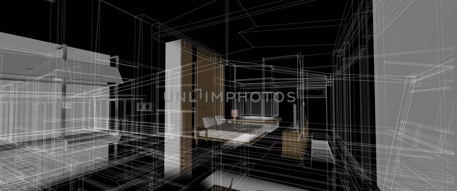 architecture interior furniture design concept 3d perspective wire frame rendering black background. For abstract background or wallpaper desktops architecture theme