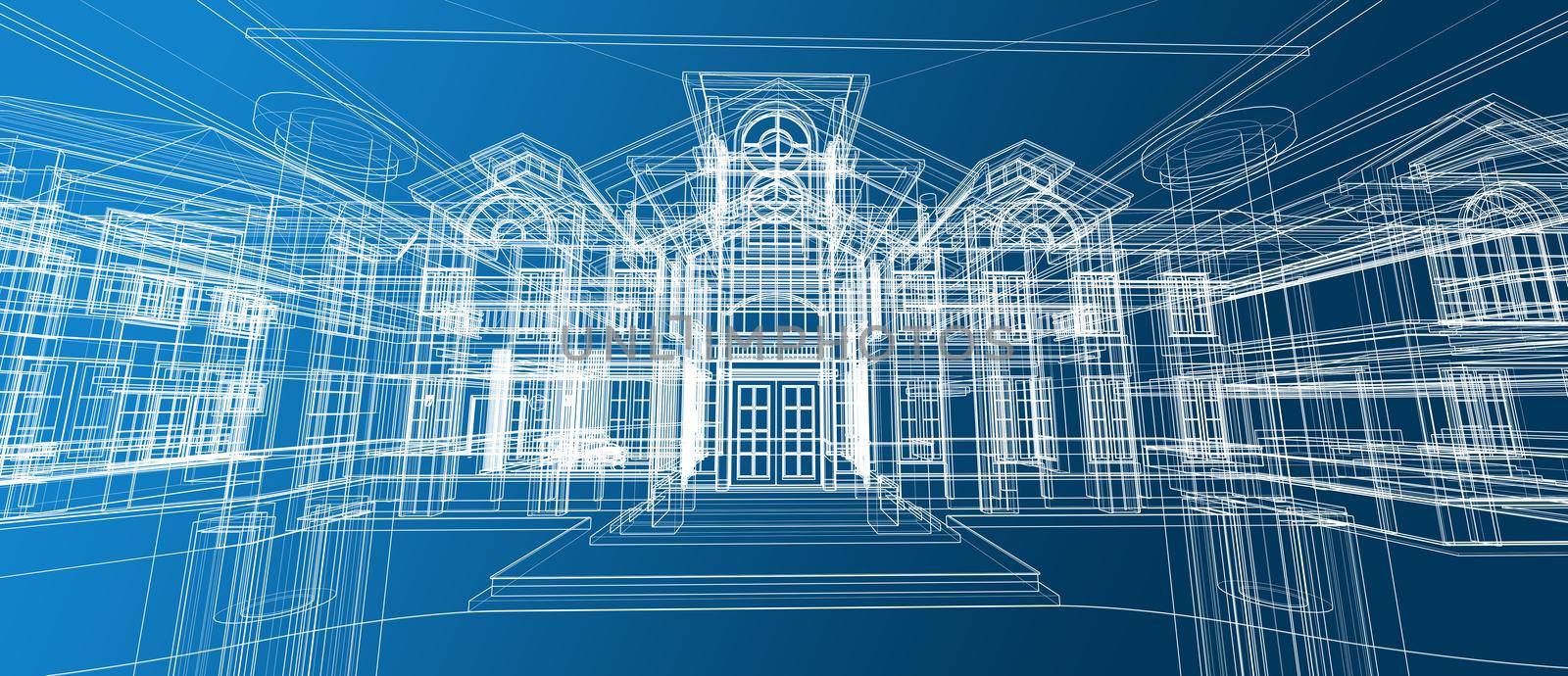 Architecture house space design concept 3d perspective wireframe rendering over blue background. For abstract background or wallpaper desktops computer smart technology design architectural theme