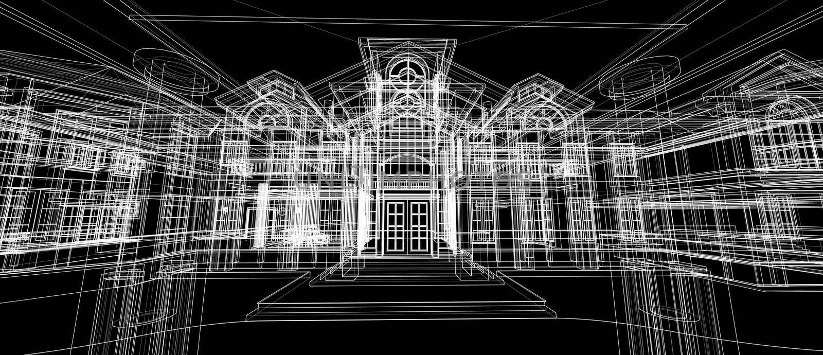 Architecture house space design concept 3d perspective wireframe rendering over black background. For abstract background or wallpaper desktops computer smart technology design architectural theme
