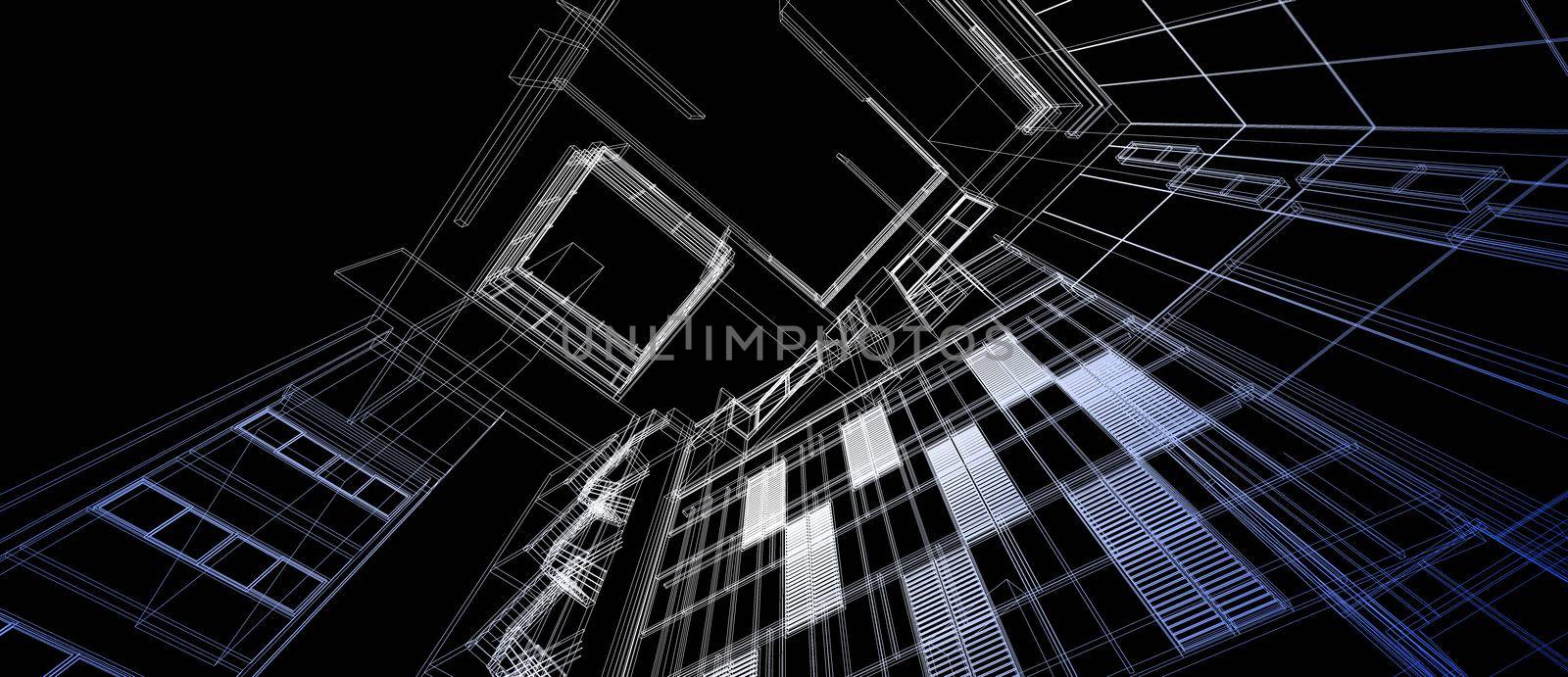 Architecture building space design concept 3d perspective gradient color wire frame rendering black background. For abstract background or wallpaper desktops computer technology design architectural theme.