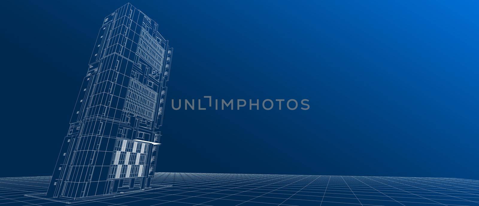 Architecture exterior facade building design concept 3d perspective white wire-frame rendering gradient blue background. For abstract background or wallpaper desktops, architectural theme