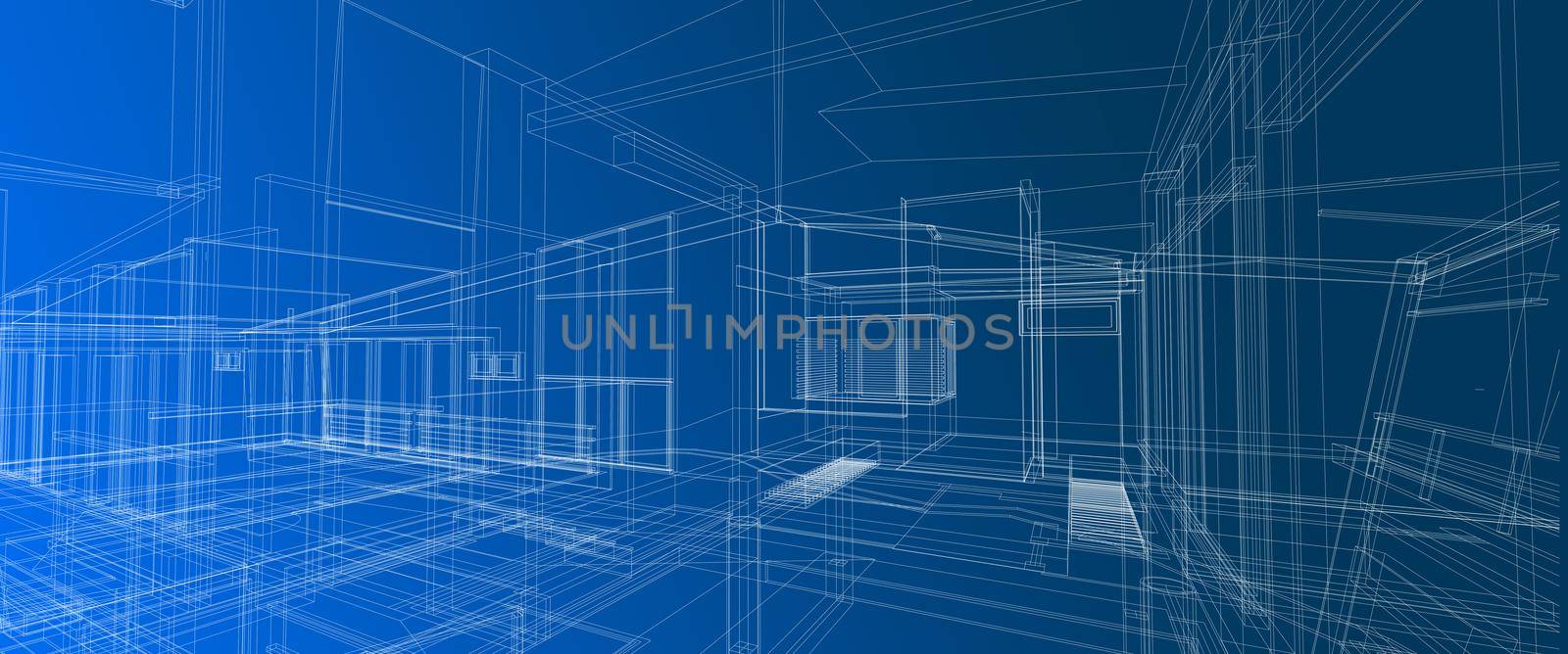 Architecture interior space design concept 3d perspective white wireframe rendering gradient blue background. For abstract background or wallpaper destops architecture theme interior space computer smart technology