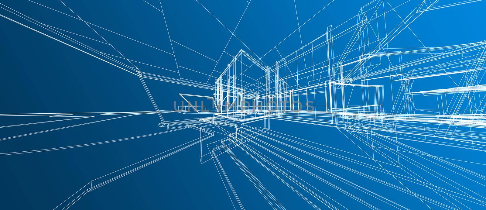 Architecture house space design concept 3d perspective wireframe rendering over blue background. For abstract background or wallpaper desktops computer smart technology design architectural theme.