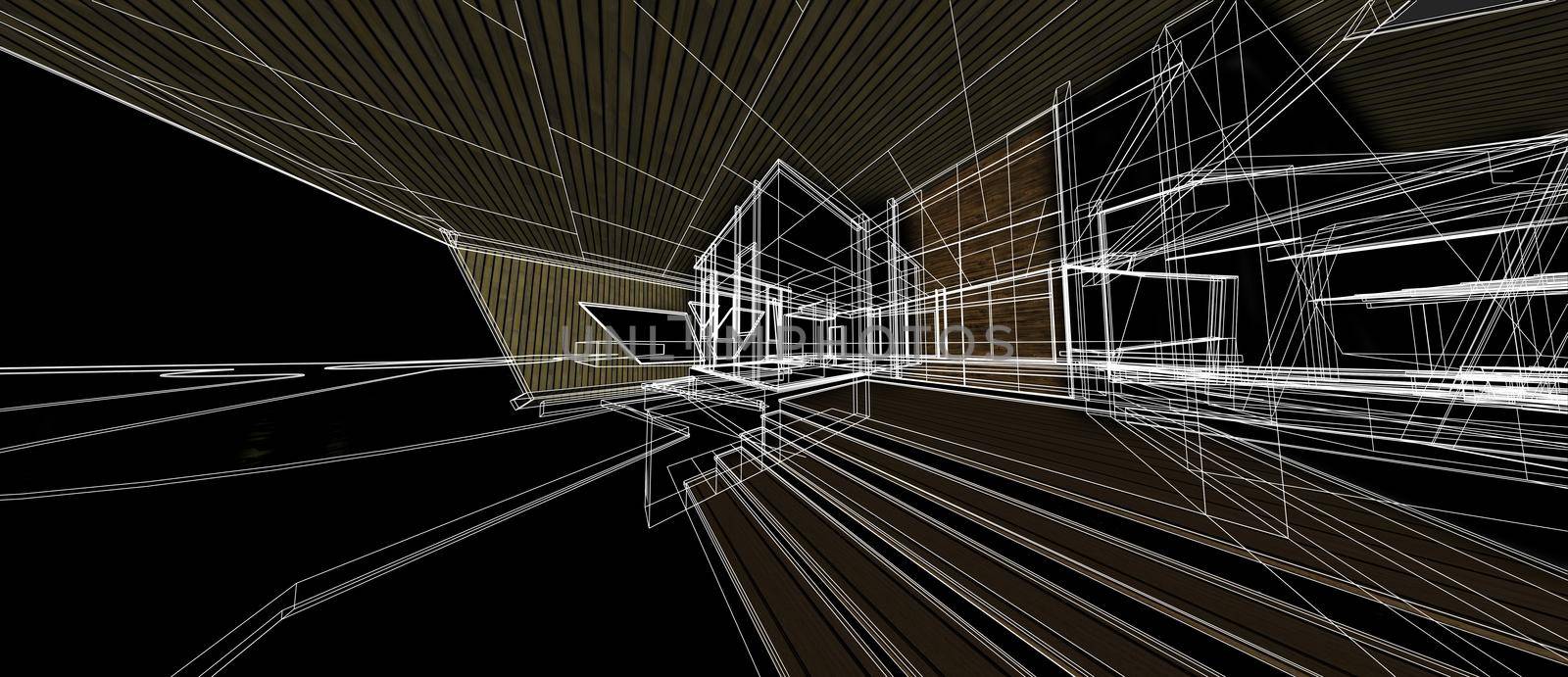 Architecture house space design concept 3d perspective wireframe rendering isolated black background. For abstract background or wallpaper desktops computer technology design architectural theme.