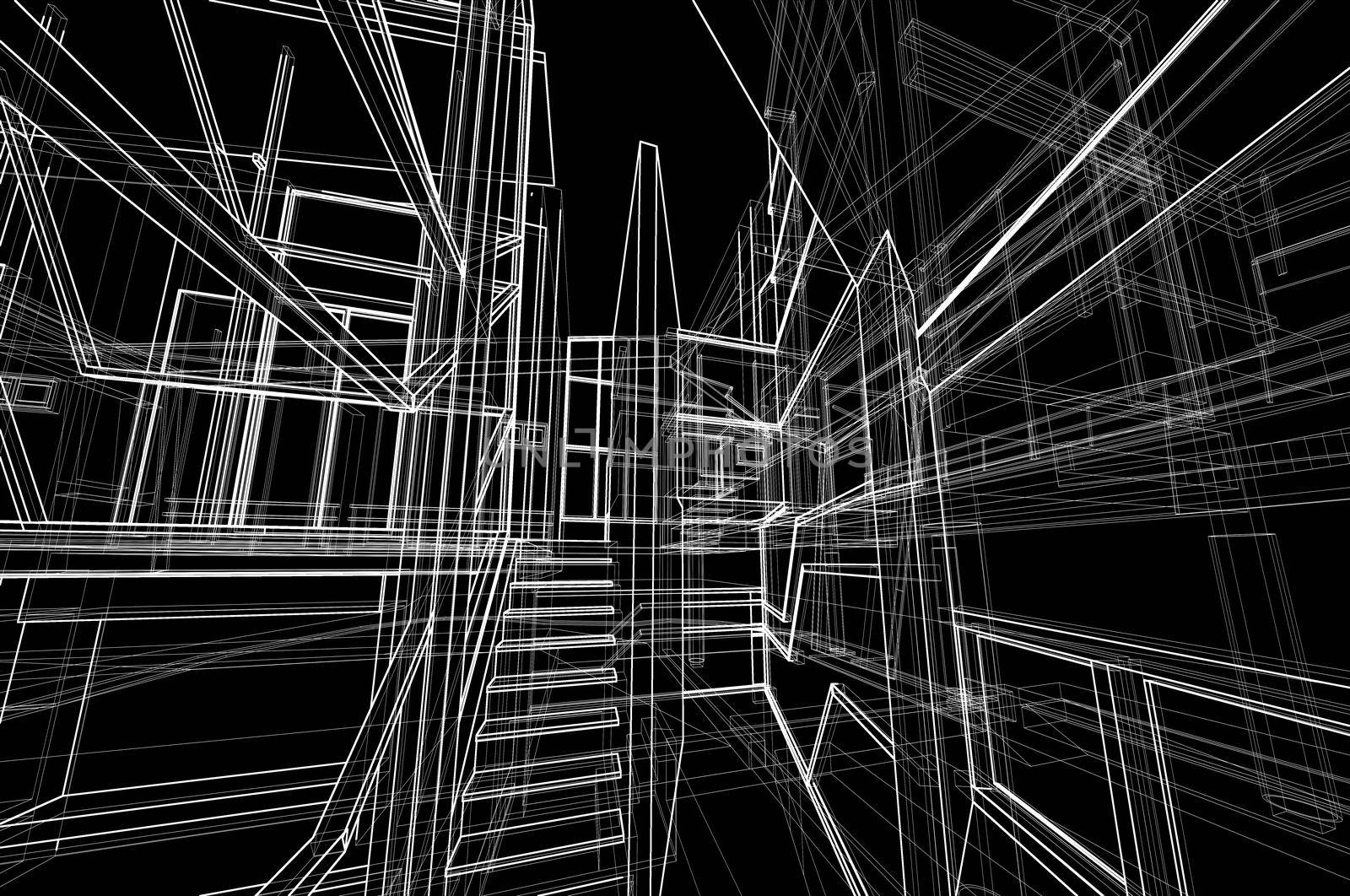Architecture house space design concept 3d perspective white wireframe rendering isolated black background. For abstract background or wallpaper desktops computer technology design architectural theme