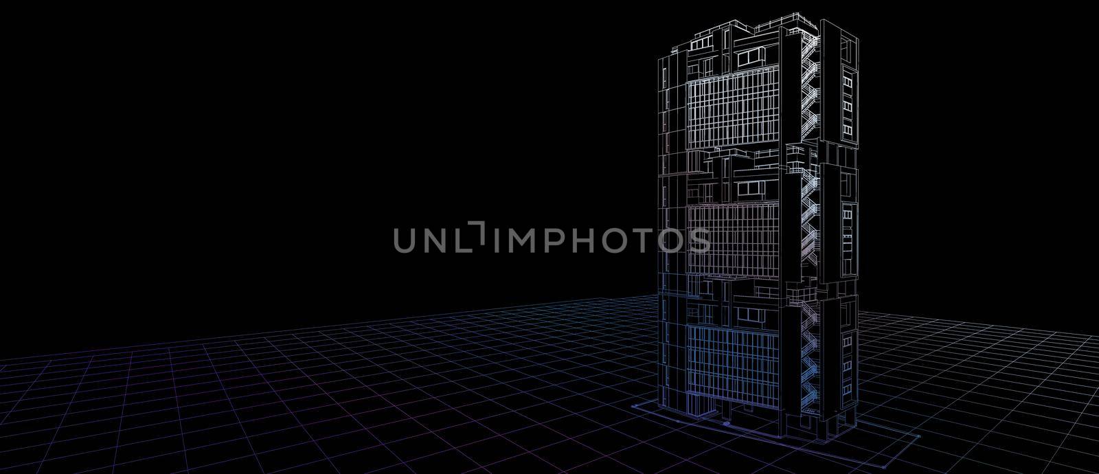 Architecture exterior facade design concept 3d building perspective color wire frame rendering black background. For abstract background or wallpaper desktops computer technology design architectural theme. by Petrichor