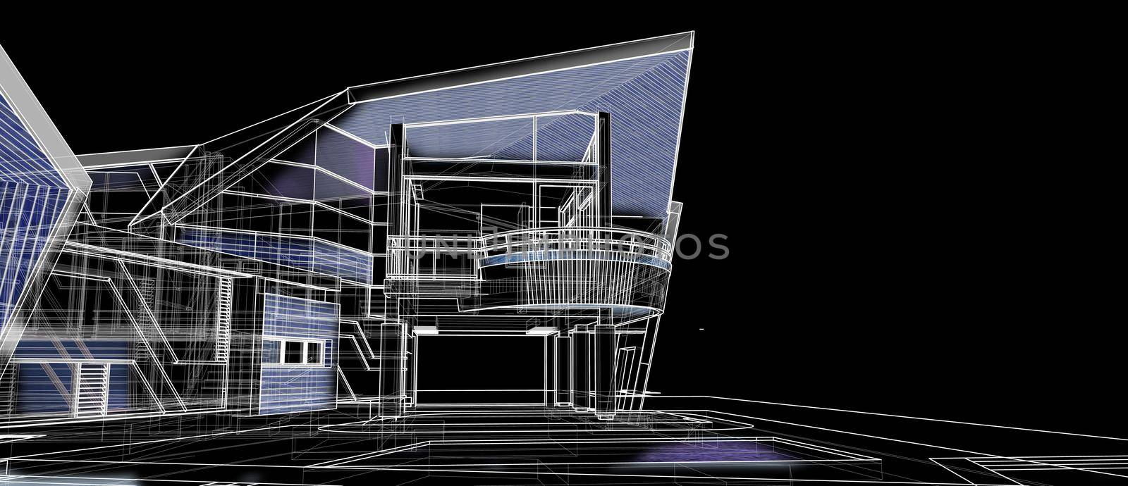 Architecture exterior facade design concept 3d perspective white wireframe rendering black background