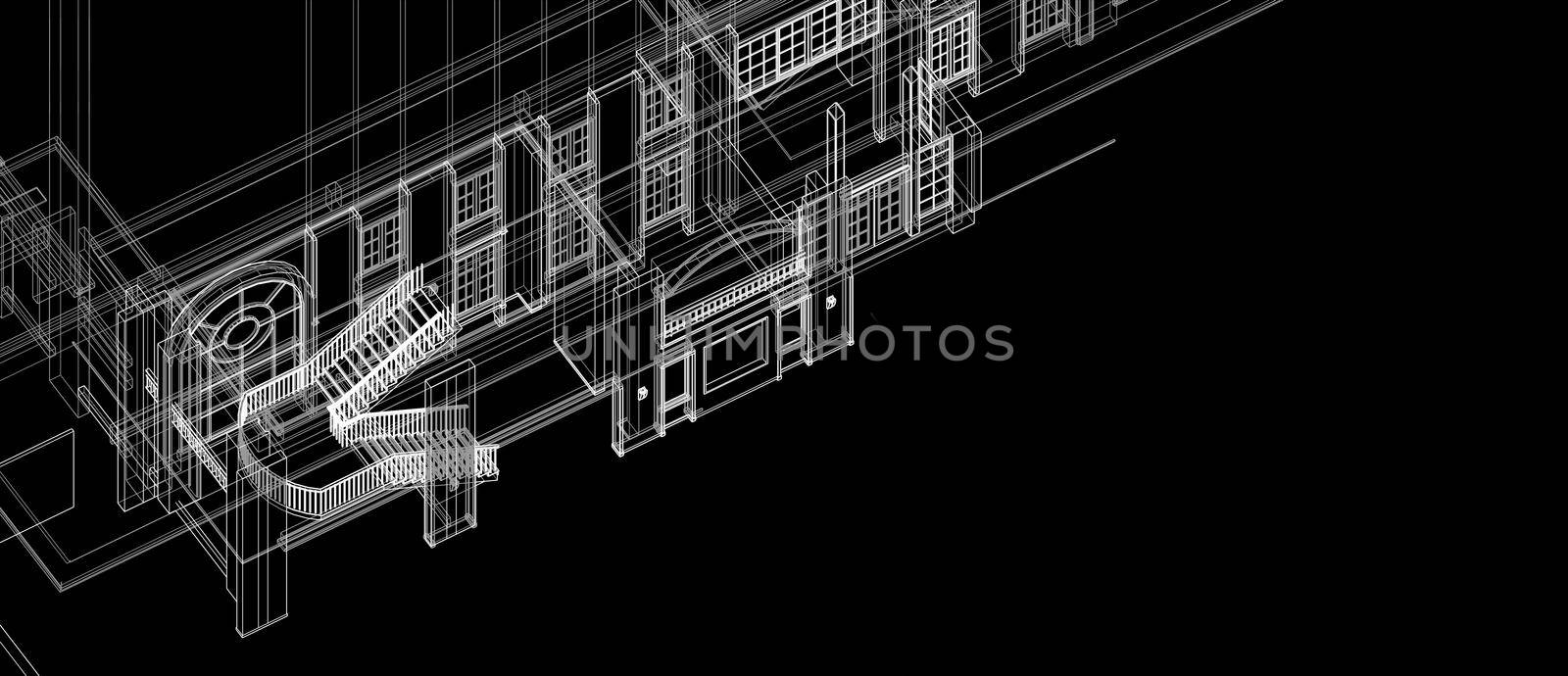 Architecture space design concept 3d perspective white wireframe rendering black background by Petrichor