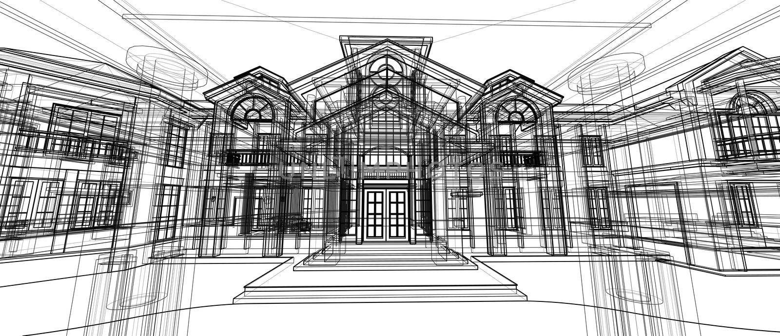 house 3d perspective wireframe rendering isolated white background computer technology design by Petrichor