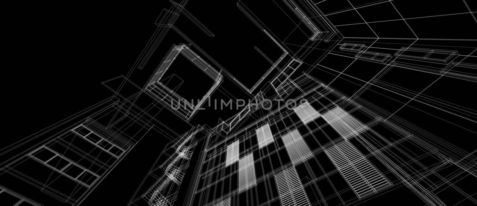 Architecture building space design concept 3d perspective white wire frame rendering black background. For abstract background or wallpaper desktops computer technology design architectural theme.