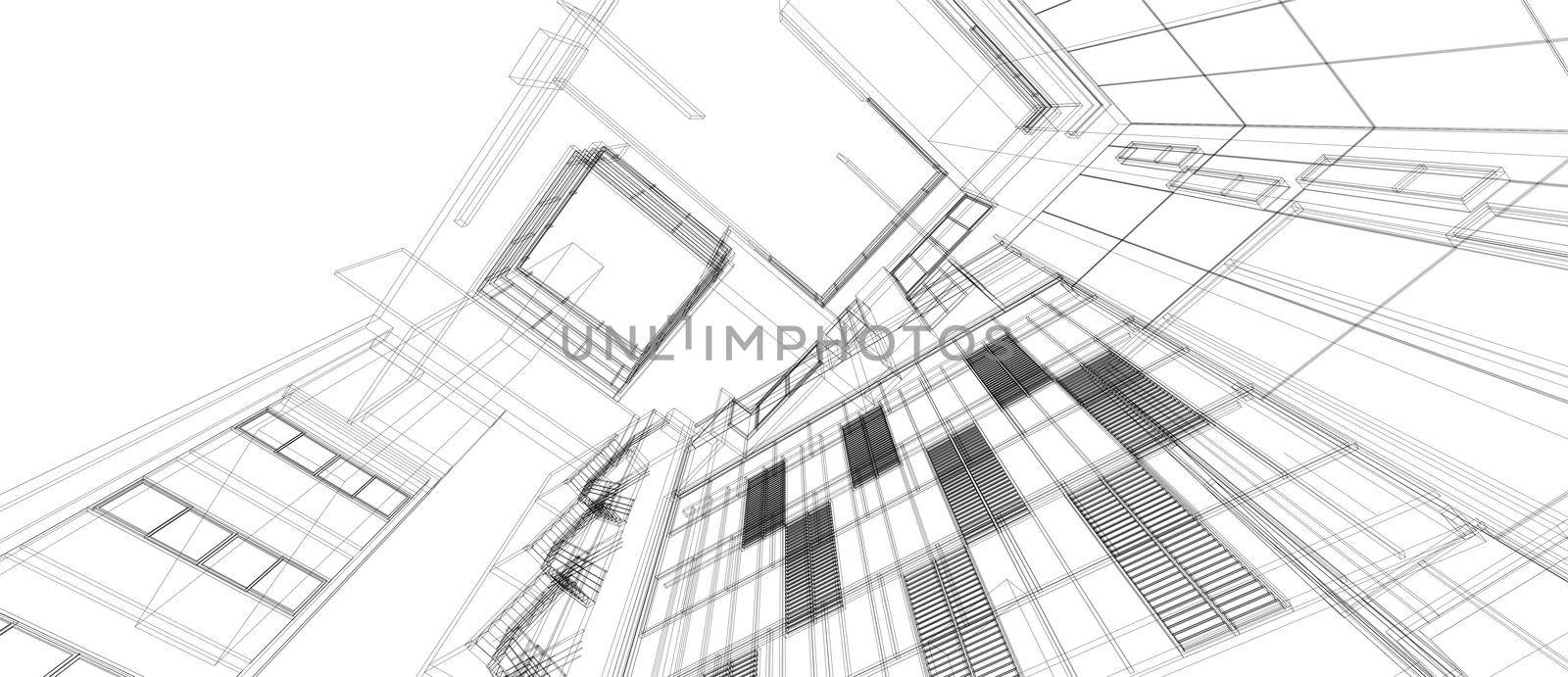 Architecture building space design concept 3d perspective wire frame rendering isolated white background. For abstract background or wallpaper desktops computer technology design architectural theme.