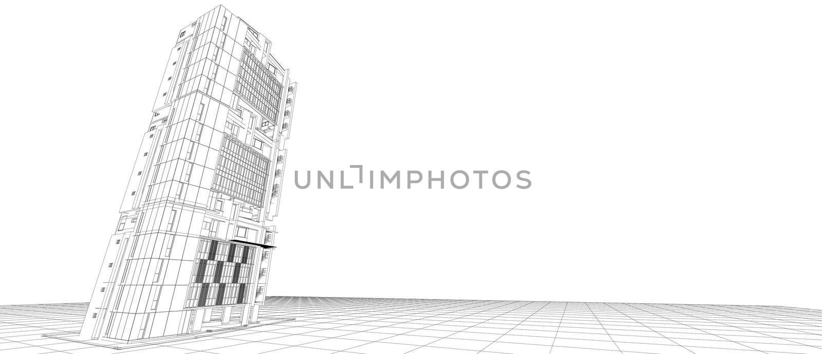 Architecture exterior facade design concept 3d building perspective wire frame rendering isolated white background. For abstract background or wallpaper desktops computer technology design architectural theme.