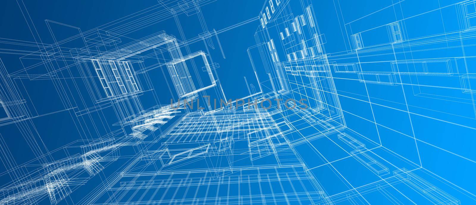 Architecture building space design concept 3d perspective white wire frame rendering gradient blue color background. For abstract background or wallpaper desktops computer technology design architectural theme. by Petrichor