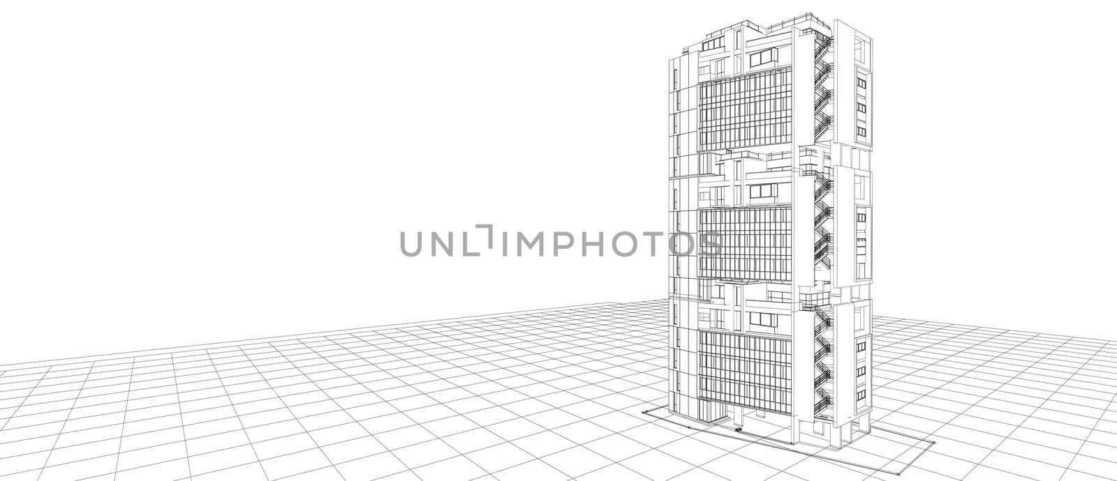 Architecture exterior facade design concept 3d building perspective wire frame rendering isolated white background. For abstract background or wallpaper desktops computer technology design architectural theme.