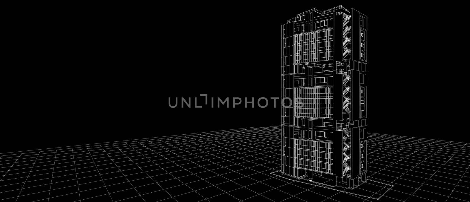 Architecture exterior facade design concept 3d building perspective white wire frame rendering black background. For abstract background or wallpaper desktops computer technology design architectural theme.