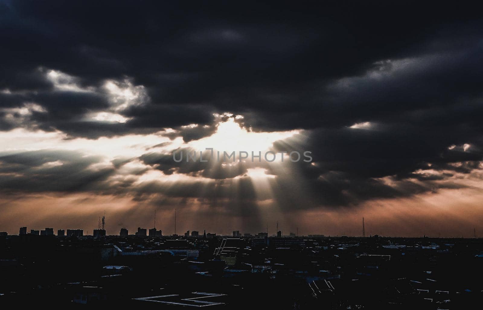 Bangkok Arial view . Rays of sunlight shine on buildings. urban cityscape