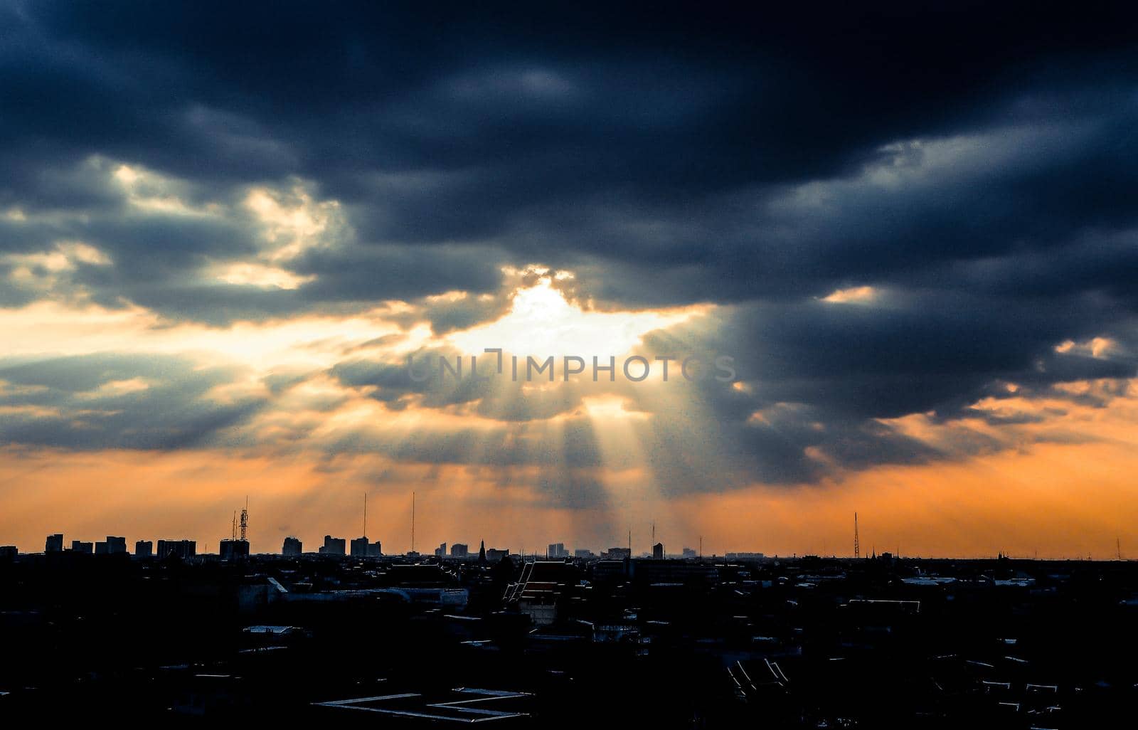 Bangkok Arial view . Rays of sunlight shine on buildings .urban cityscape by Petrichor