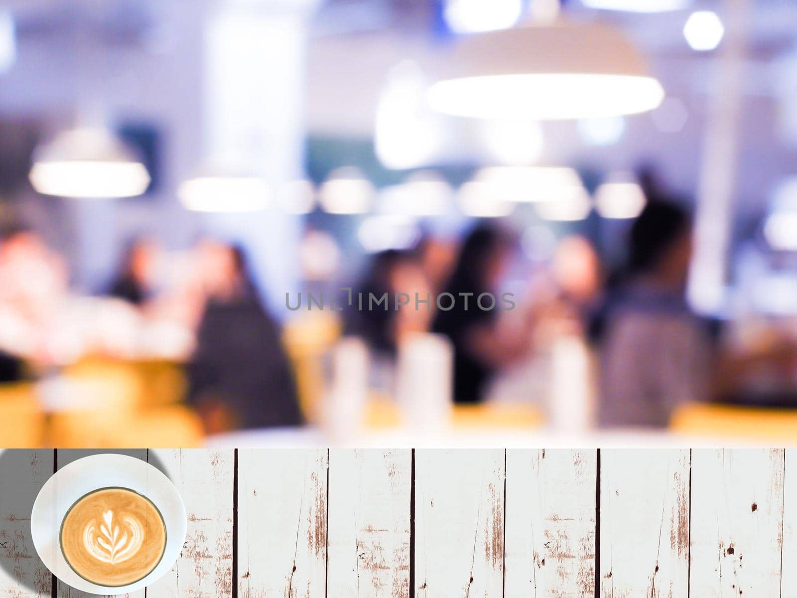 Empty white wooden table space platform with Vintage tone abstract blur image of Cafe or Restaurant on night time with bokeh for background usage