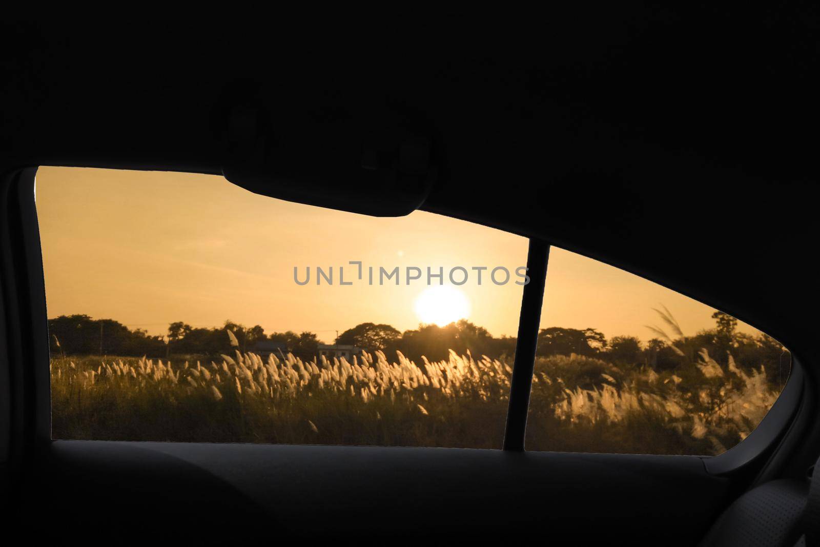 Looking through a car window with view of  mountain landscape filed and meadow wild grass at sunset.