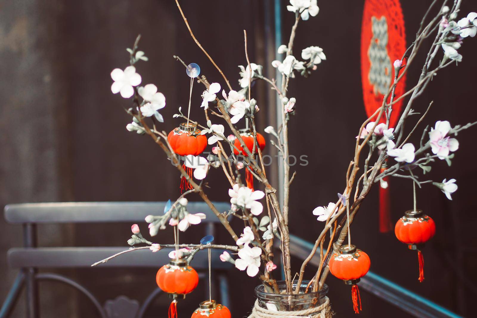 Chinese New Year Background. Red Blooming Sakura Branches on Bright Backdrop