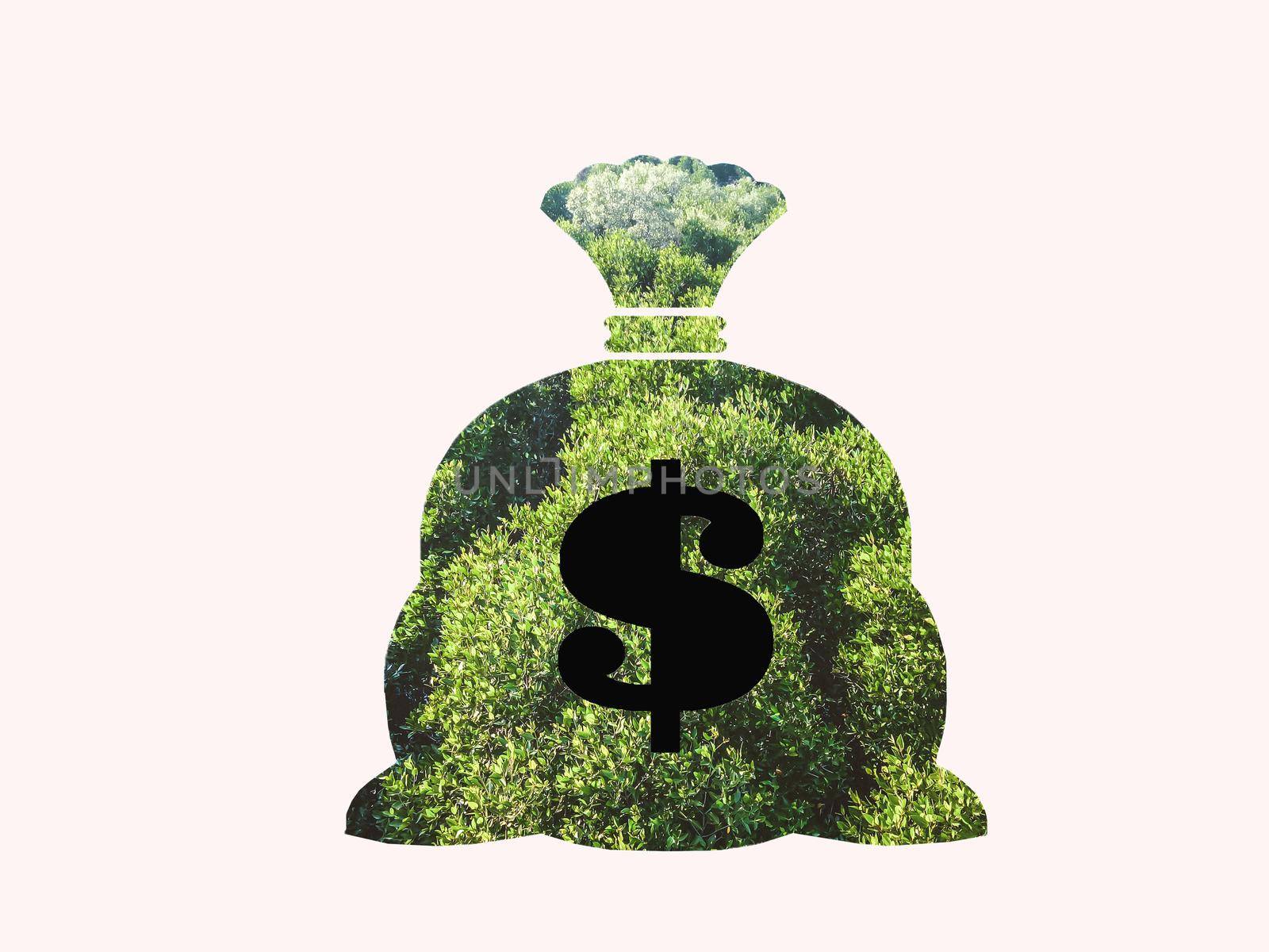 Money bag with dollar sign and money tree growing out of top isolated on white background. tree growing on money bag. concept saving. Save earth world clean