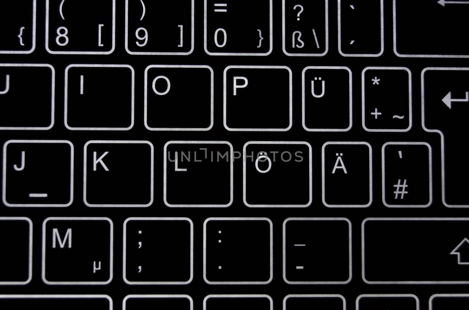 Close-up of a part of a black virtual keyboard with white backlit 'keys' 