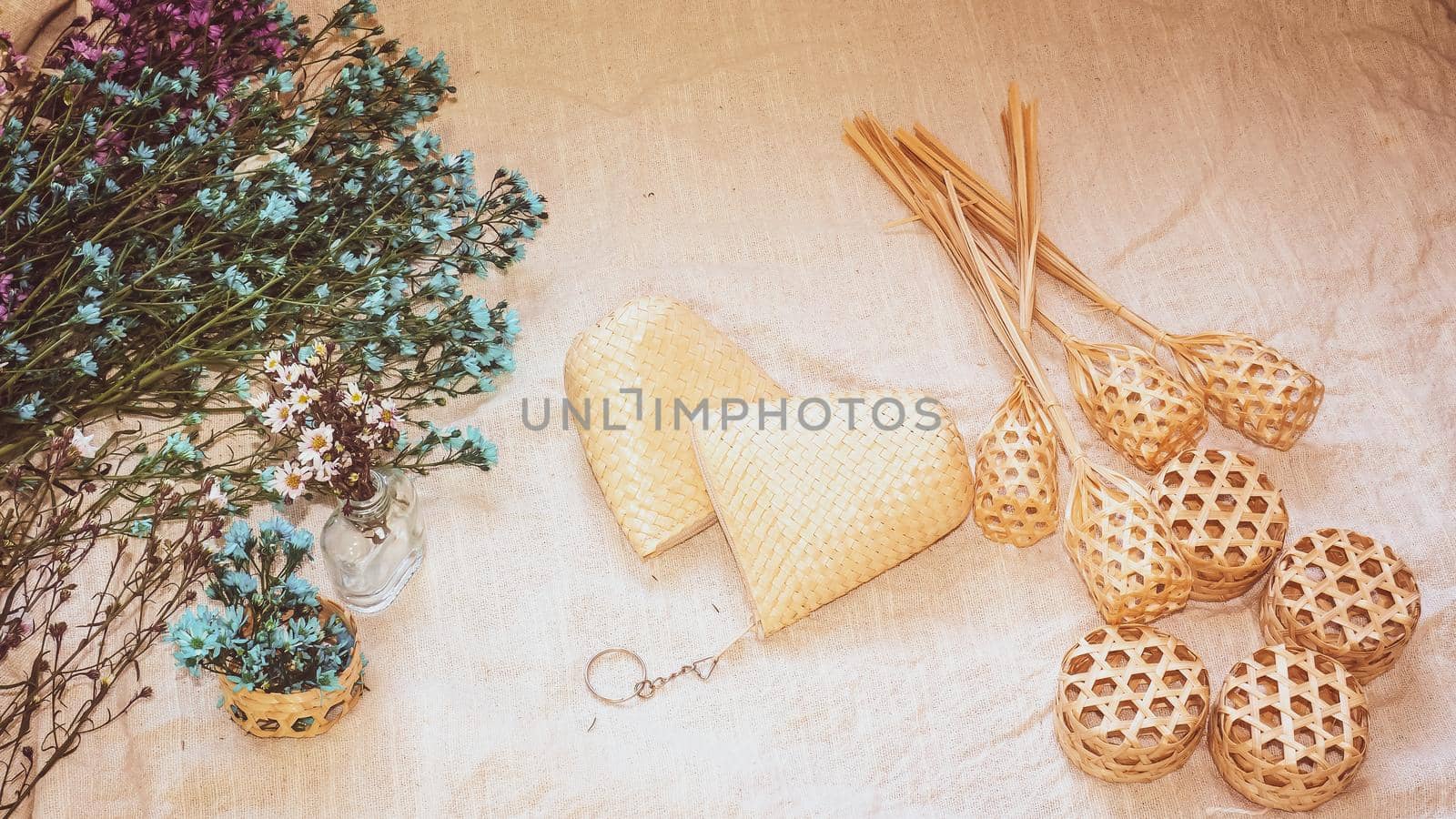 Set of Empty wicker basket on the table with background in natural linen and green plant,Template mock up for display of product by Petrichor