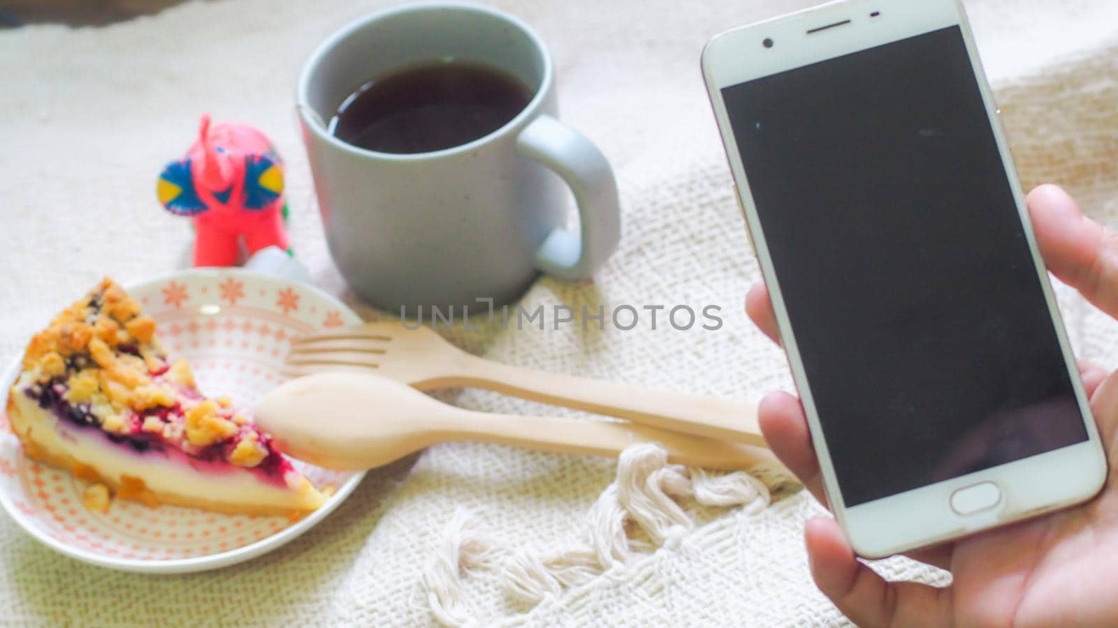 blueberry cheese cake on plate and a cup of coffee morning breakfast by Petrichor