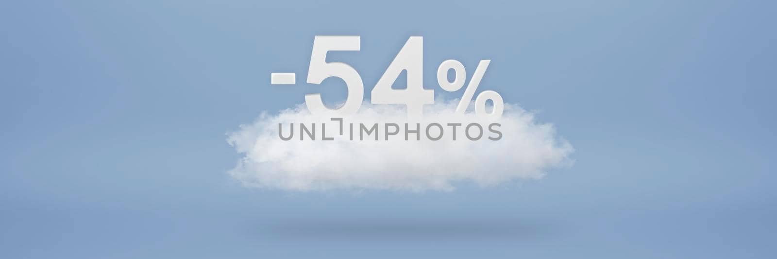 Discount 54 percent. Big discounts, sale up to fifty four percent. 3D numbers float on a cloud on a blue background. Copy space. Advertising banner and poster to be inserted into the project.