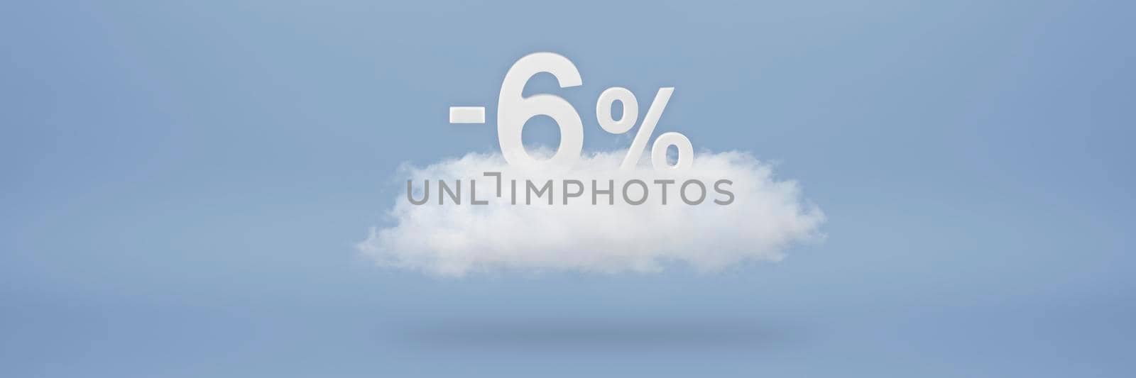 Discount 6 percent. Big discounts, sale up to six percent. 3D numbers float on a cloud on a blue background. Copy space. Advertising banner and poster to be inserted into the project by SERSOL
