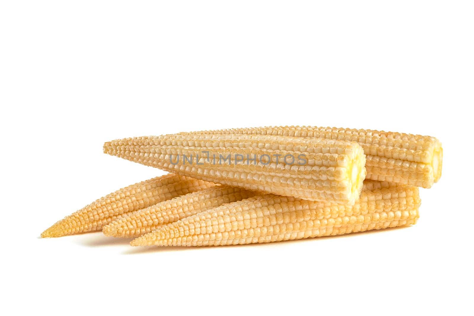 Corn on a white background. Baby corn isolated on white homogeneous background, clipping path, full depth of field