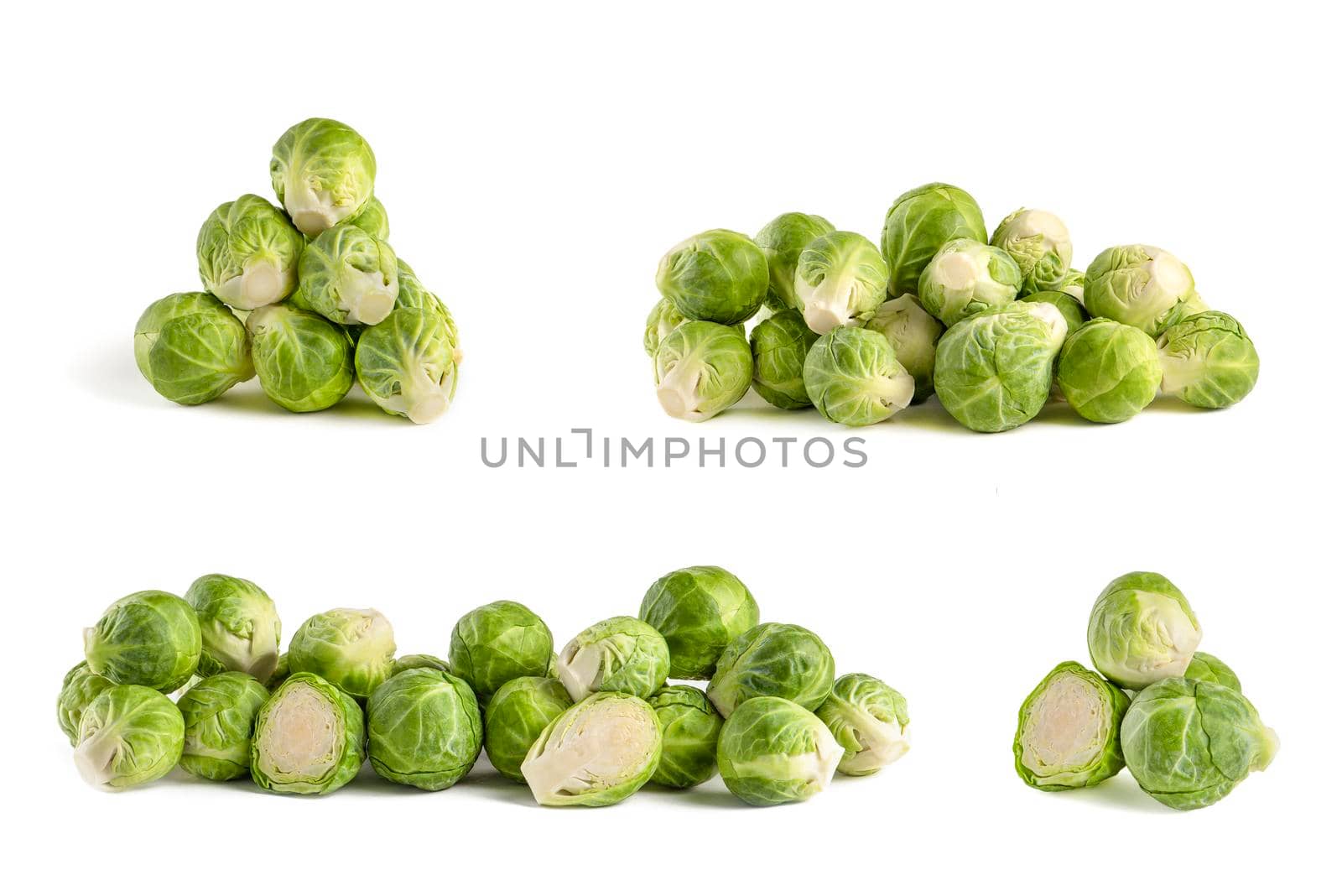Brussels sprouts. Set of fresh brussels sprouts in stacks on white isolated background. Deep focus stacking