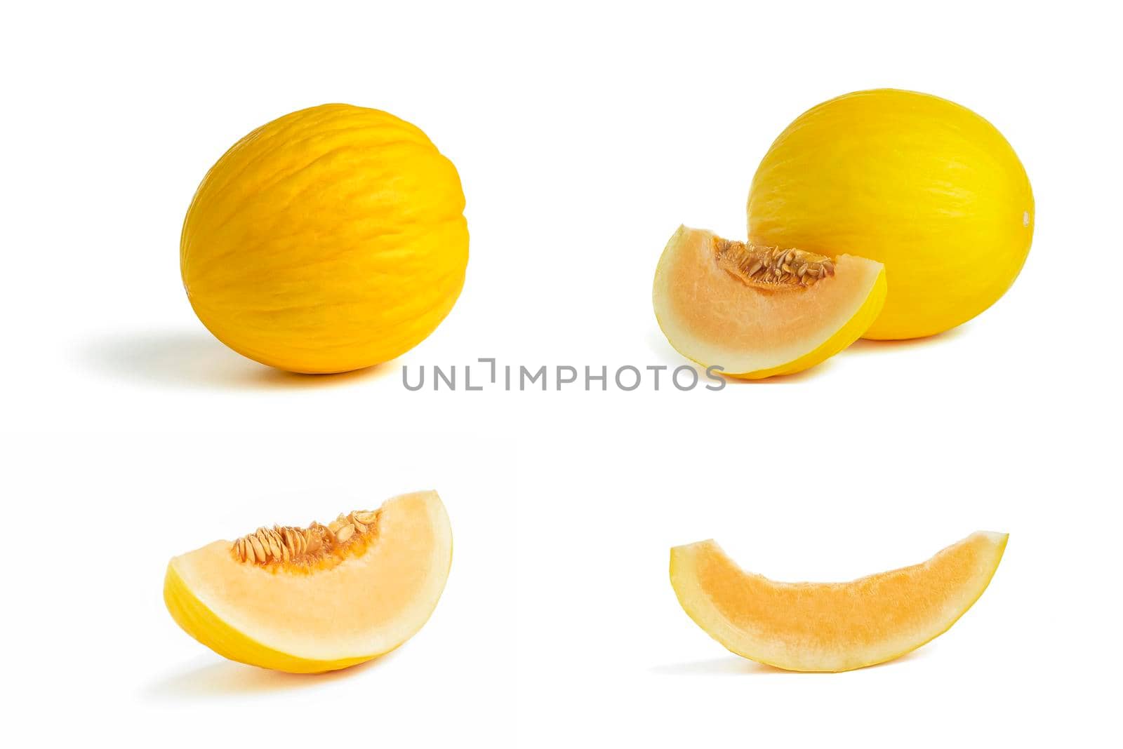 Melon big set on a white background. Yellow melon on a white isolate. Fresh juicy piece of melon with shadow on a white background. For insertion into a project, design or advertisement.
