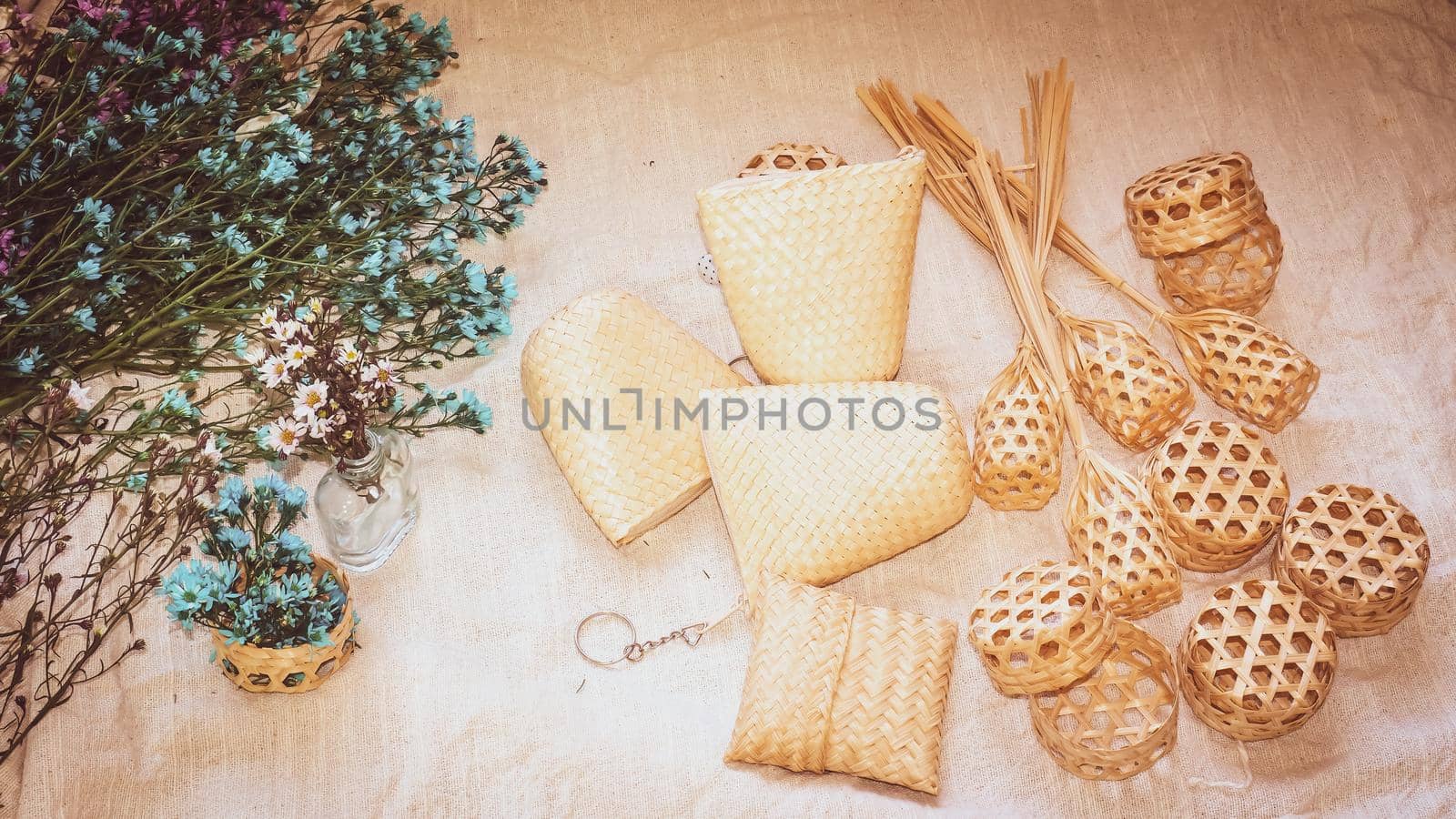 Set of Empty wicker basket on the table with background in natural linen and green plant,Template mock up for display of product by Petrichor