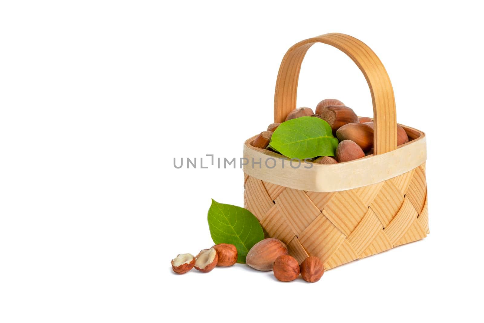 Hazelnut lies in a wooden basket on a white isolated background. Unpeeled hazelnuts in shell and green leaves.