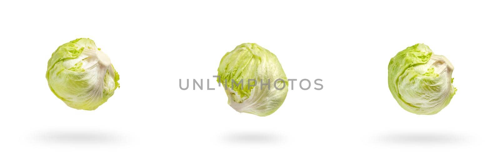 Set green iceberg lettuce on white isolated background, drops casting shadow. Iceberg green salad for making popular burgers by SERSOL