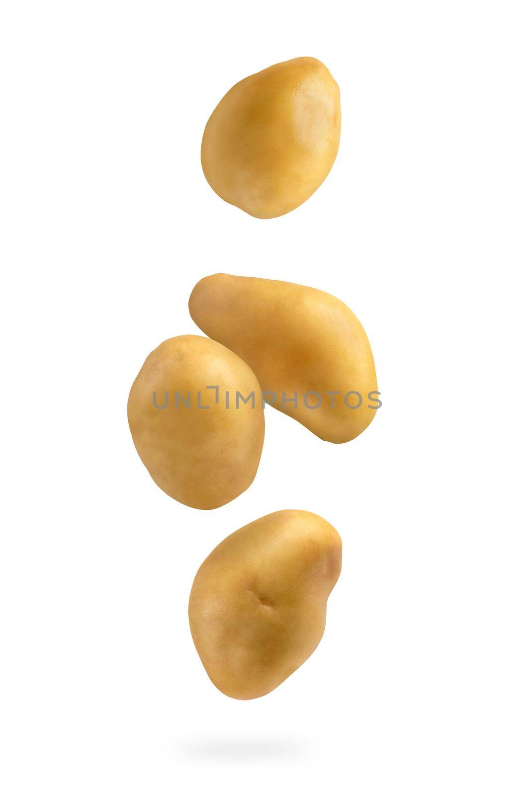 Fresh unpeeled potatoes, isolated on white background. Flying potatoes on a white isolated background casts a shadow. by SERSOL