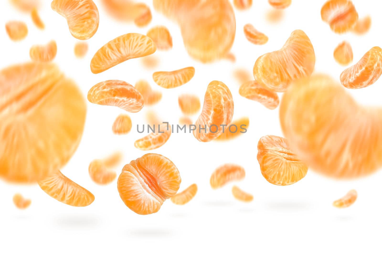 A large set of mandarin slices isolated on a white background falling down casting a shadow. Separate tangerine slices to insert into a project or design.