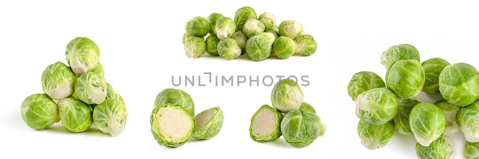 Brussels sprouts. Large set of fresh brussels sprouts in stacks on a white isolated background. Deep focus stacking