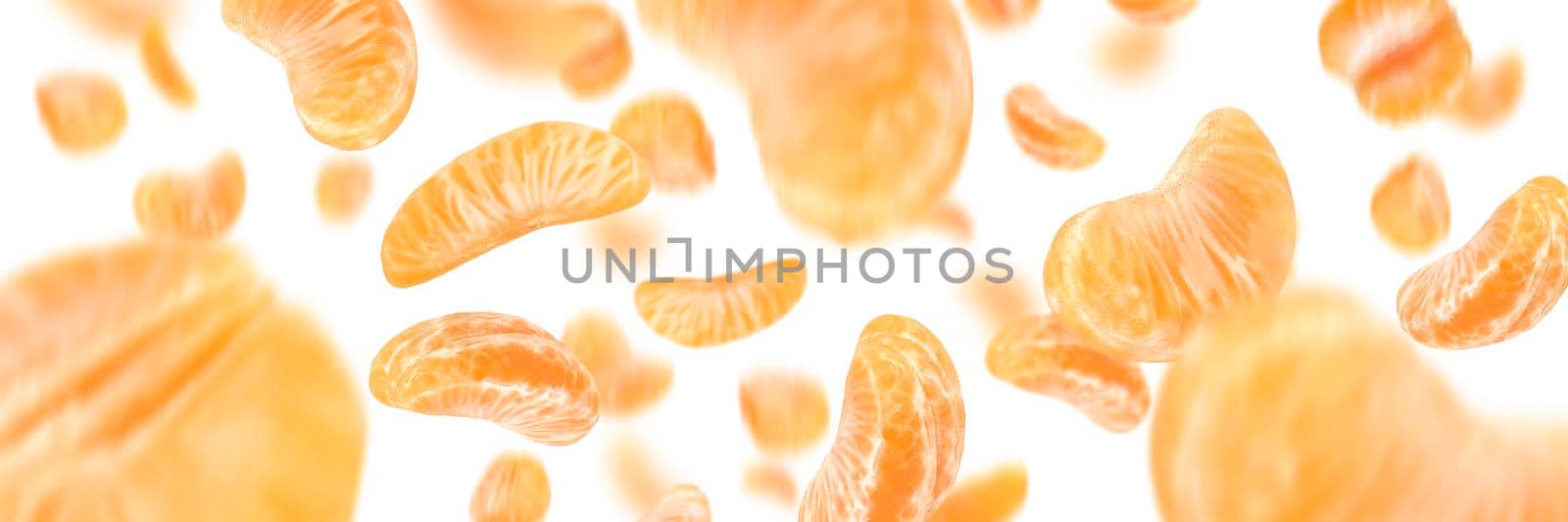 Falling mandarin slices on a white isolated background. Citrus fruit background, yellow tangerine slices with selective focus by SERSOL