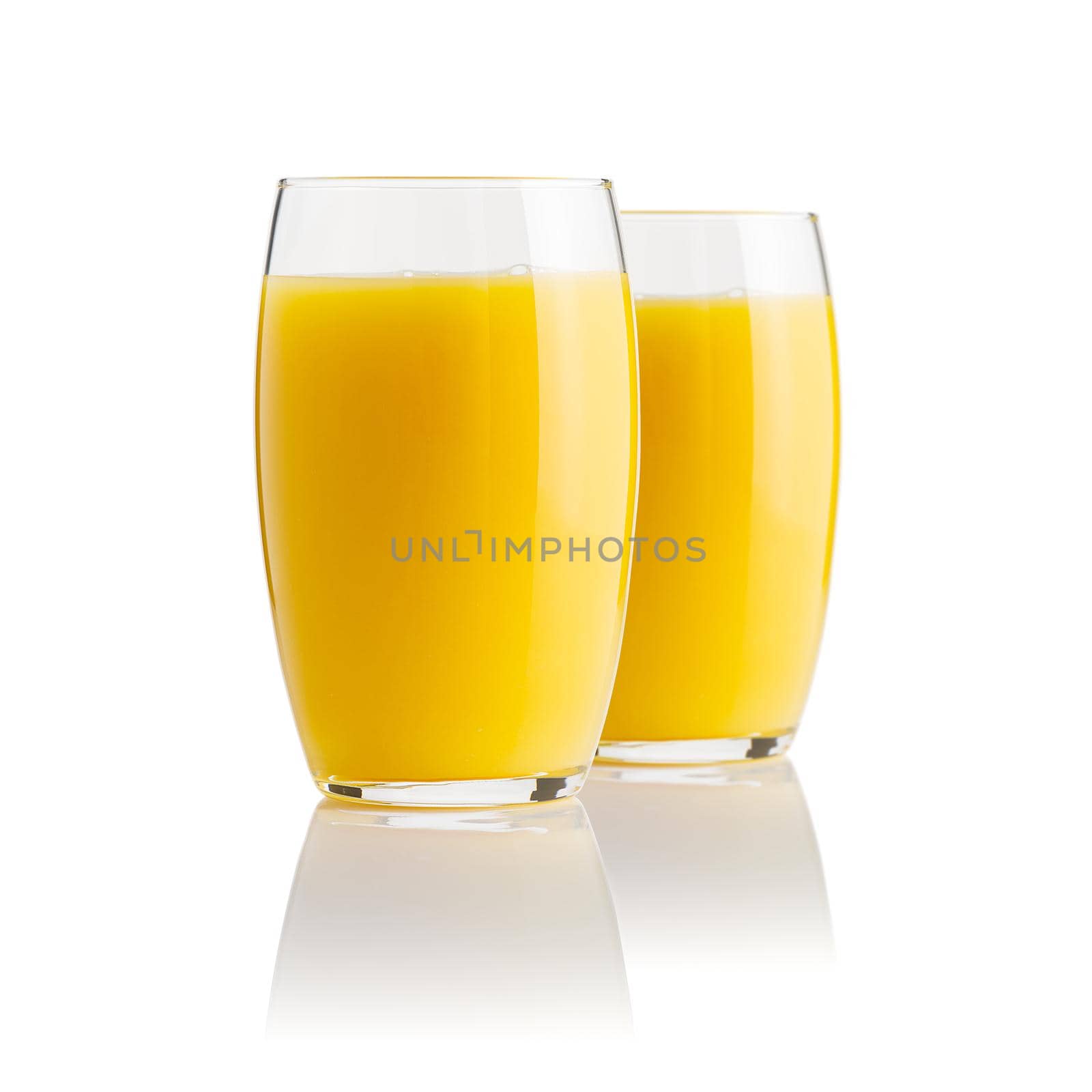 Organic Orange juice glass, isolated on white. Glass of fresh orange juice on white background